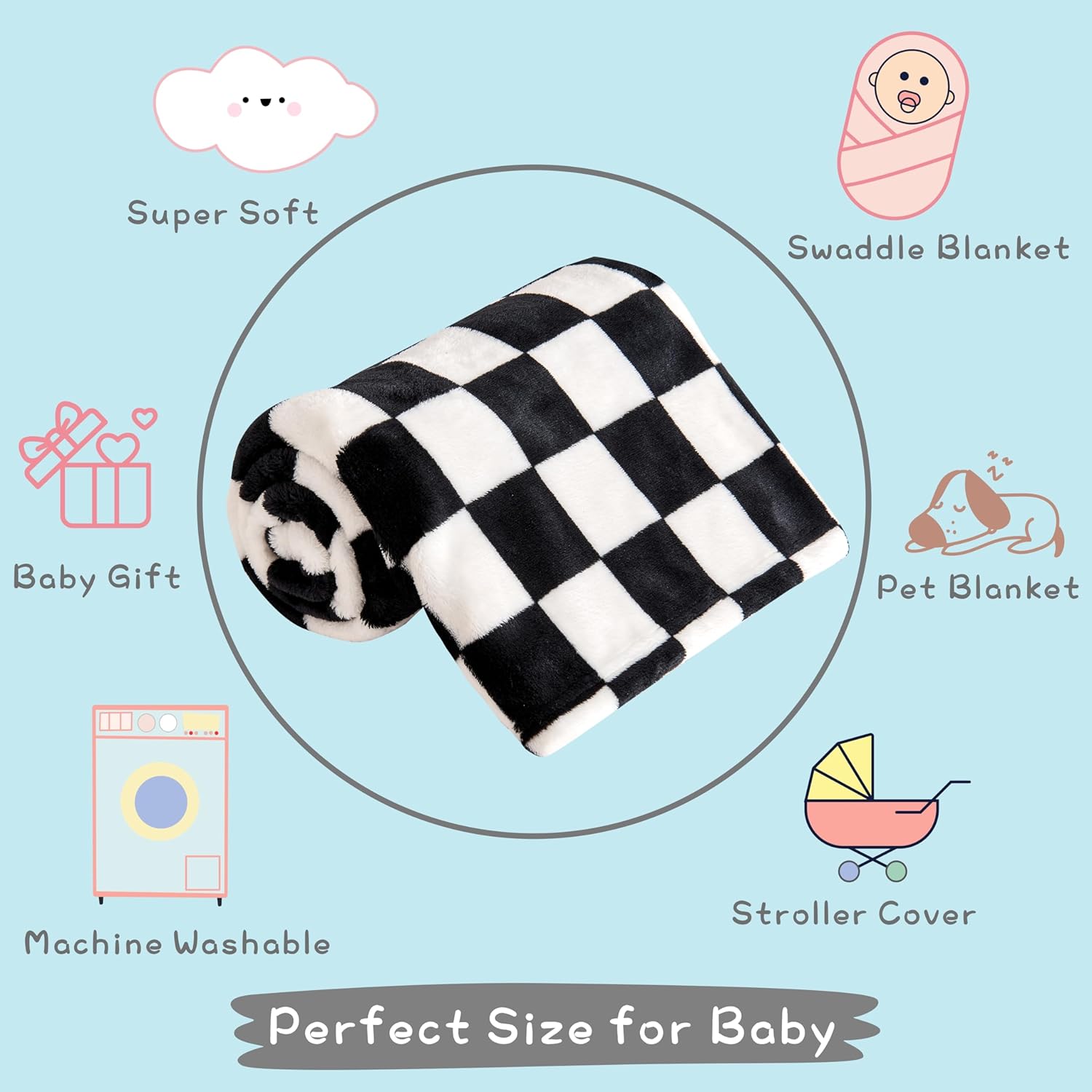 Yurhap Checkered Baby Blanket - Ultra Soft Fleece for Boys & Girls | Cozy 30''x40'' Infant Blanket in Black