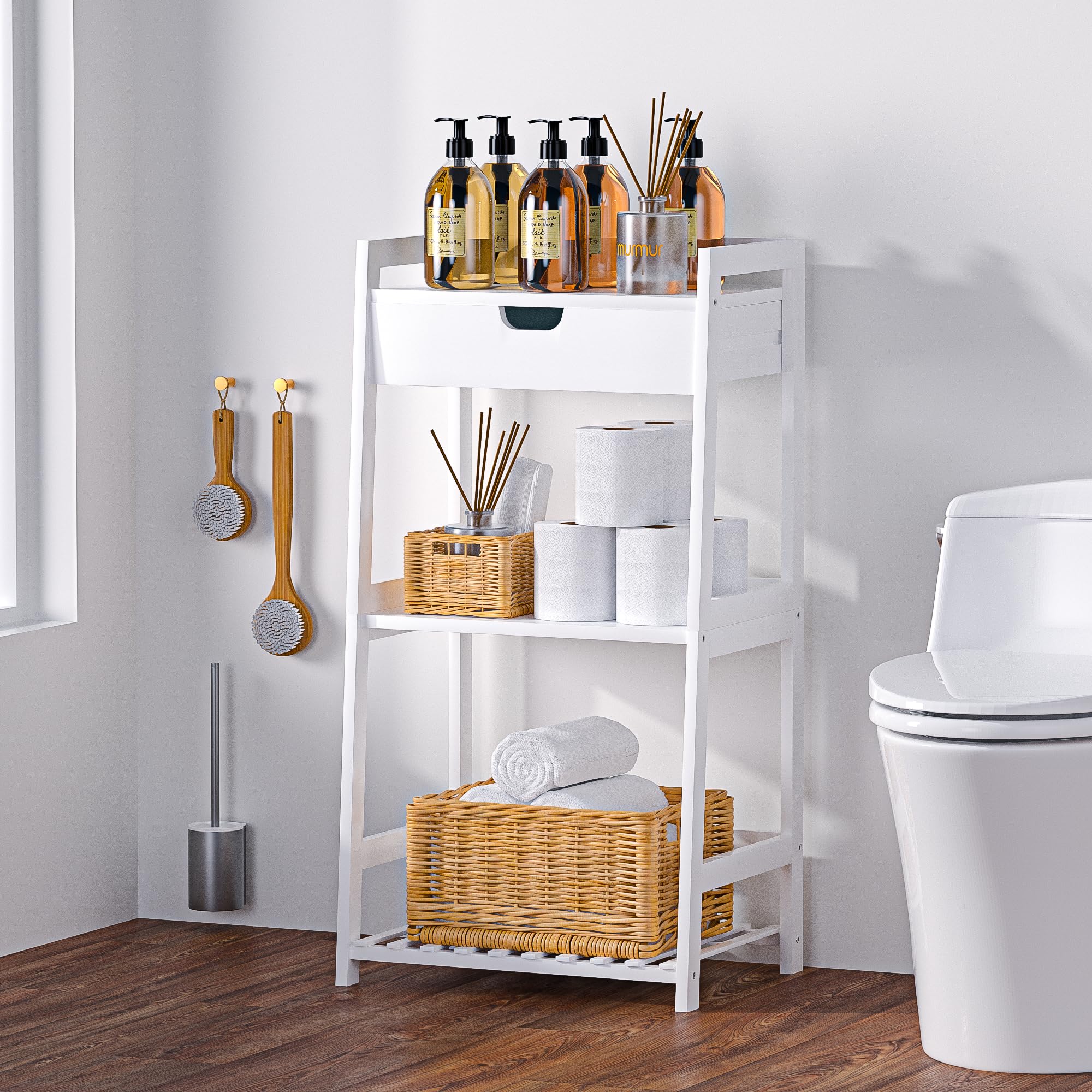 POXAKA 3 Tier Bamboo Bathroom Shelves with Drawer, Ladder Shelf for Bathroom Storage, Space-Saving Design, Stylish Display Nightstand, Stylish Storage Solution for Home, Living Room, Kitchen, Office