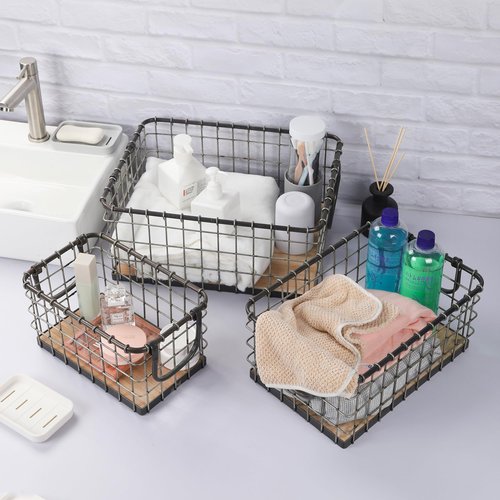 Set of 3 Rectangular Sturdy Hand Welded Farmhouse Metal Wire Basket with Rustic Wooden Bottom For Shelves, Closet Storage Bins for Shelves. Also For Laundry, Towel, Spice Rack, Tool Box (SET OF 3)