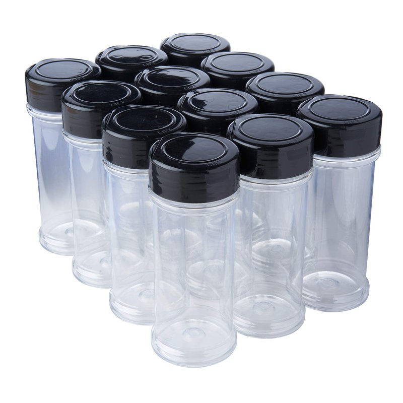 12 Pack of 6 Oz. Empty Clear Plastic Spice Bottles with Black Top Lids For Storing and Dispensing Salt, Sweeteners and Spices - Food-Grade Spice Jars for Kitchen and Home Spice Organization