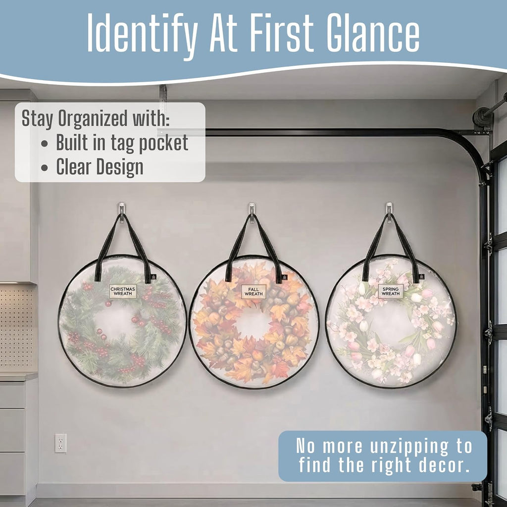 VENO Wreath Storage Container - 30 Inch Heavy Duty Clear Bag with Wall Hanging Handles | 4 Pack
