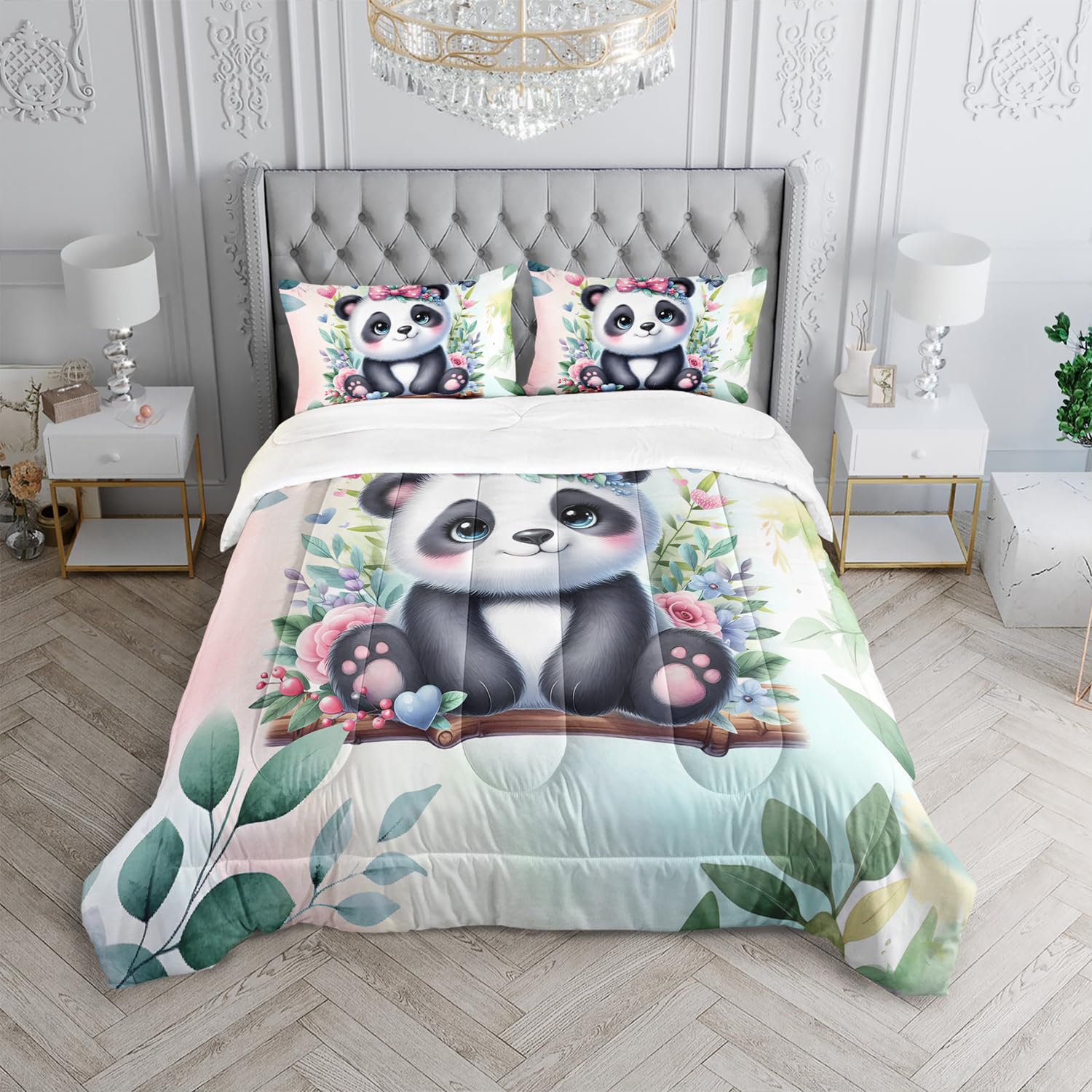 XYNHML Kawaii Black White Panda Comforter 3Pcs Twin Tie Dye Wild Animal Flower Bear Bedding Set for Kid Teen Girl Boy Room Decor Swing Butterfly Botanical Quilt with 1 Comforter and 2 Pillowcases