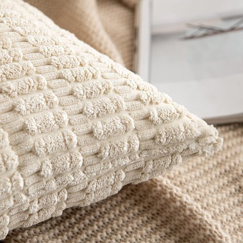 MIULEE Corduroy Throw Pillow Covers - Soft Boho Striped Design | 12x12 Inch Cream White Set of 2 for Modern Home Decor