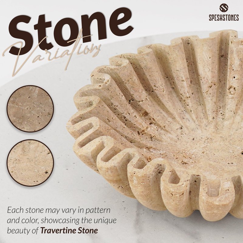 SPESHSTONES Marble Ruffle Bowl Handmade 8 Inch Travertine Fruit Bowl for Kitchen Table Centerpiece, Decorative Scallop Bowl for Entryway & Coffee Table, Modern Marble Bowl for Home Décor