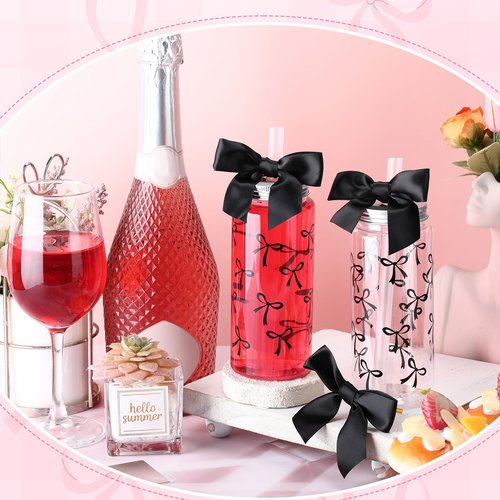 Skylety 12 Pcs 14 oz Black Bow Plastic Cups Reusable Coquette Bottles with Lids and Straws Black Reusable Plastic Aesthetic Cup with Ribbon Bow for Birthday Wedding Women Bridal Shower Party Supplies