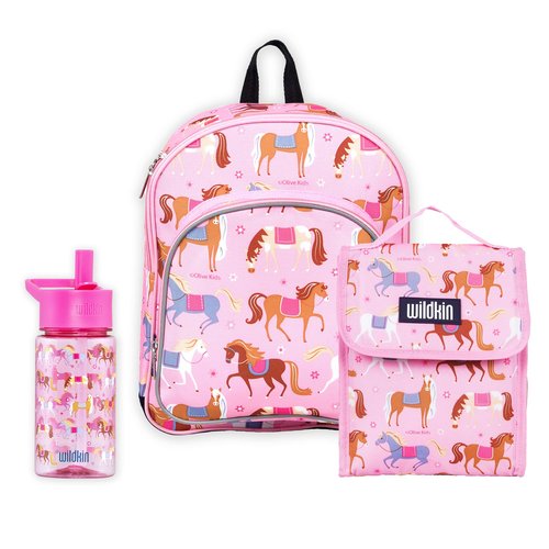 Wildkin 12 Inch Backpack & Lunch Bag with 16 oz Reusable Water Bottle for Kids – Durable, Lightweight School & Travel Set - Horses