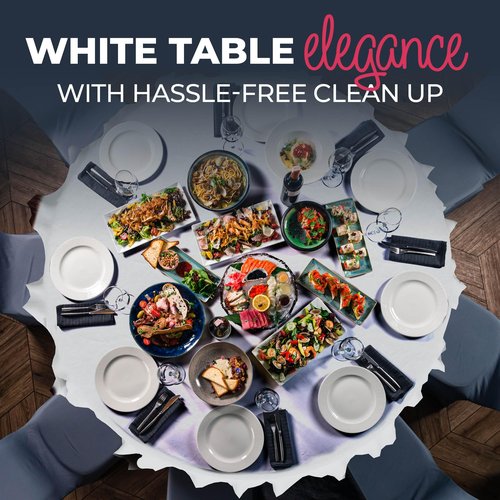 HOUZZKINGZ USA Paper Tablecloths for Round Tables | 4 Pack | White, 3-Ply Premium Paper & Plastic Table Cloths for Parties, Disposable