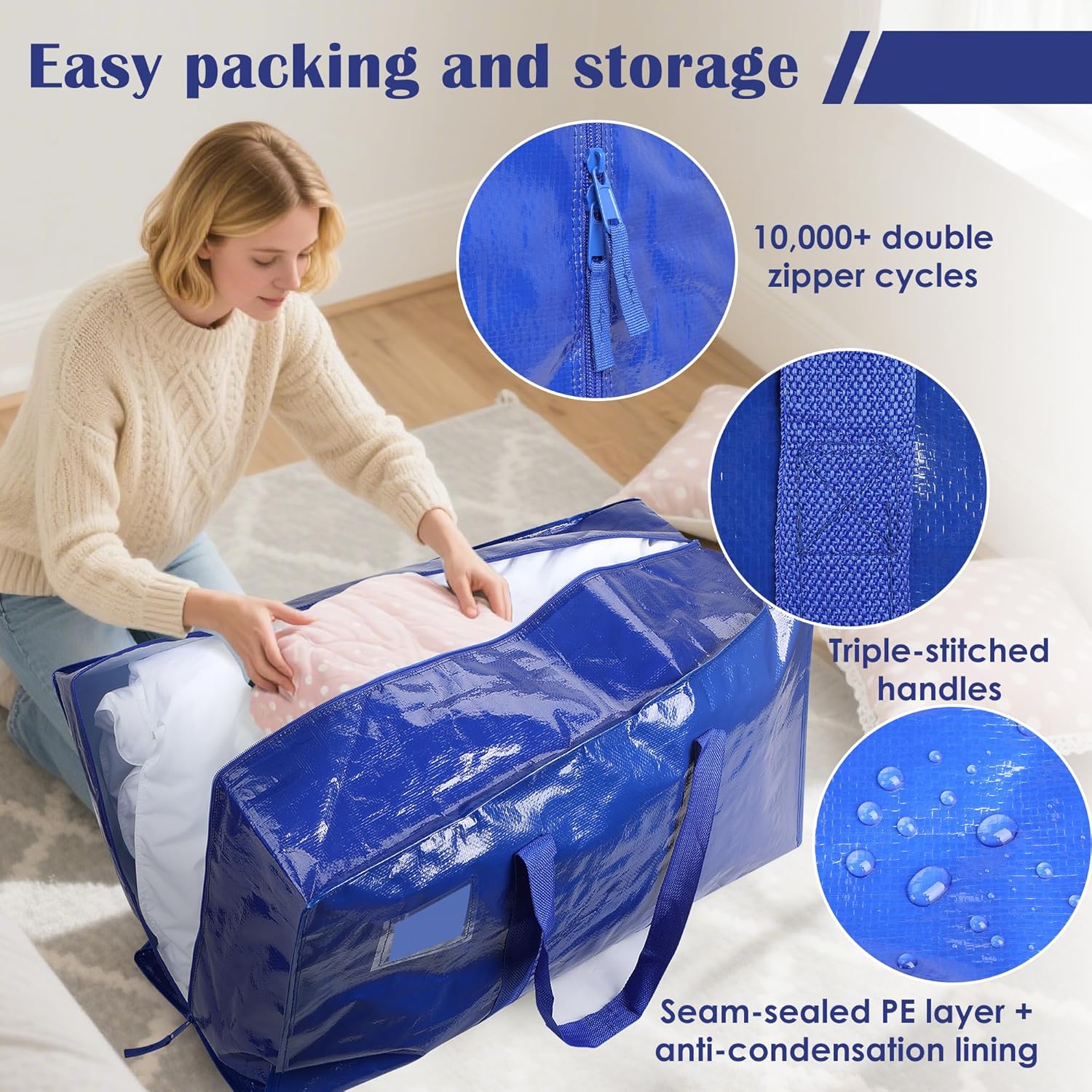 Skiennix 6 Pack Moving Bags - Extra Large 93L Waterproof Storage Totes for Home & College | Blue