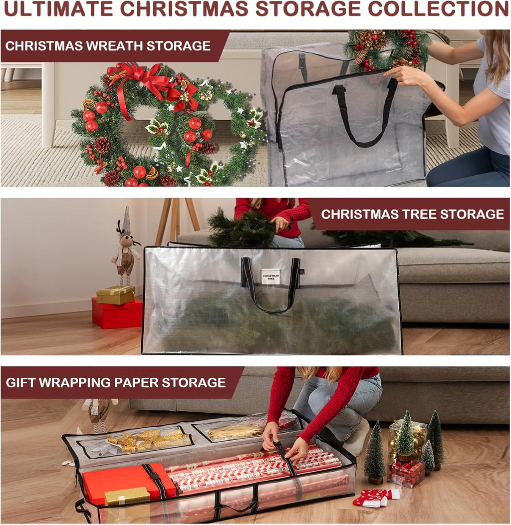 VENO Clear Christmas Wreath & Tree Storage Bags - 6 Pack for Wreaths, 7.5 ft Tree & Gift Wrap