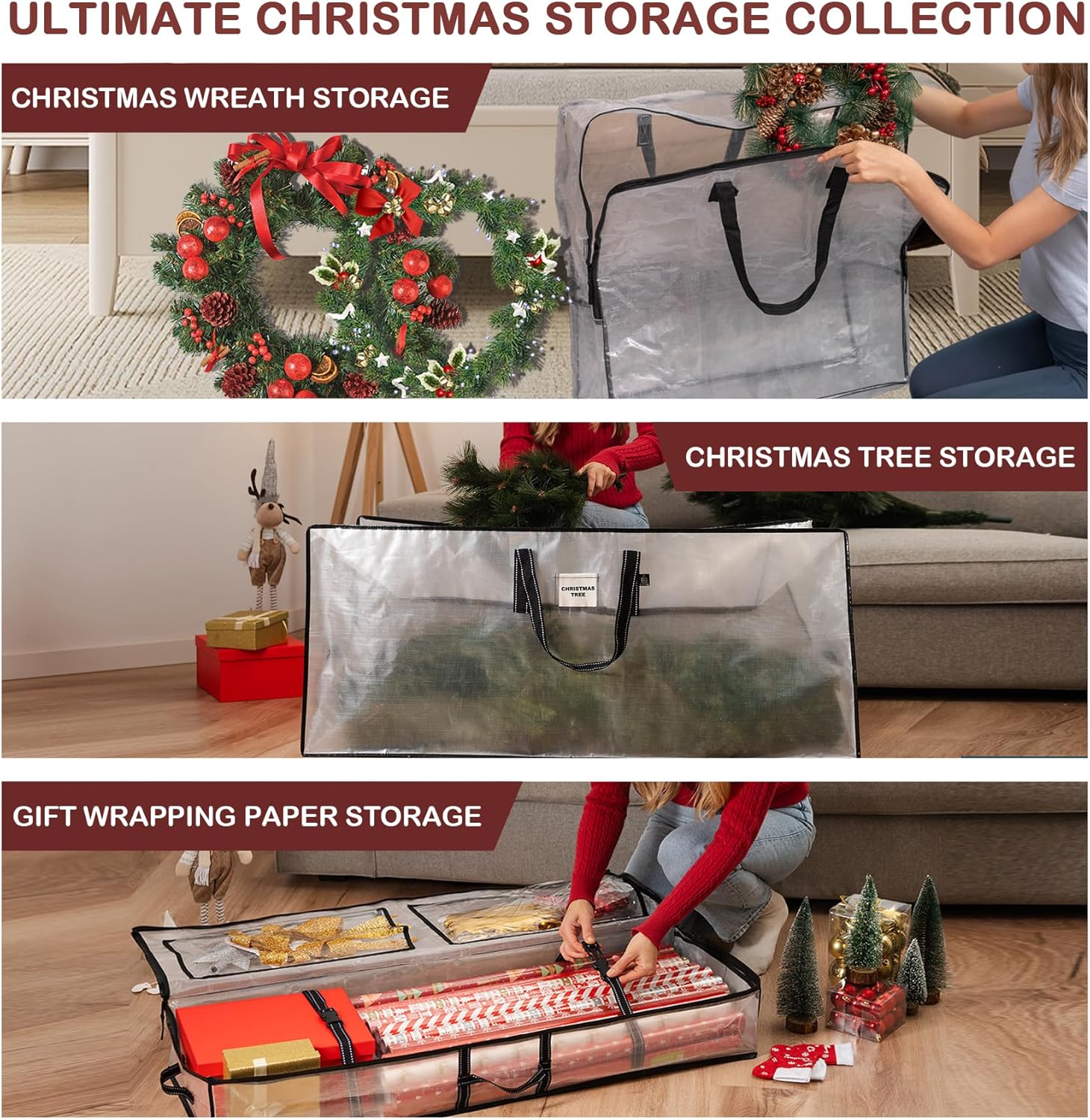VENO Clear Christmas Wreath & Tree Storage Bags - 6 Pack for Wreaths, 7.5 ft Tree & Gift Wrap