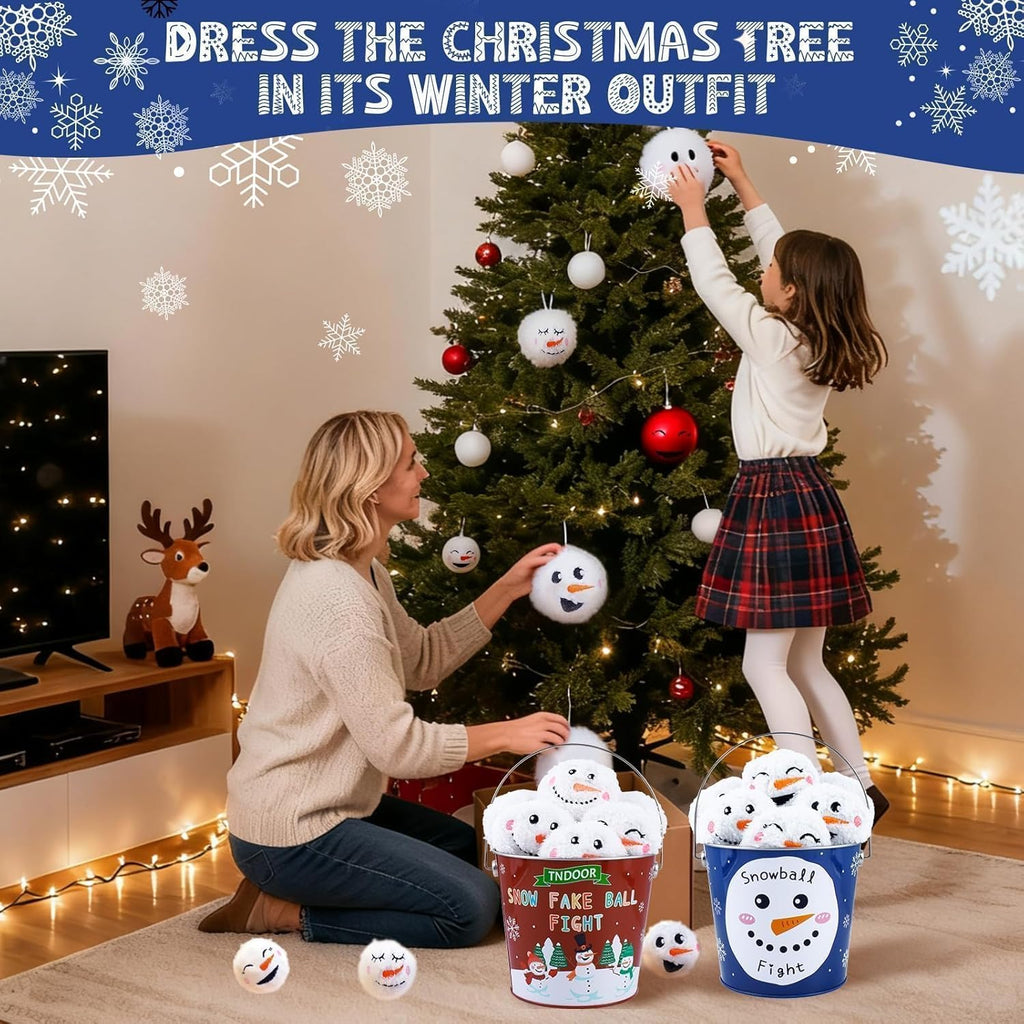 Snow Fake Balls - 2.8 Inch Smiling Snowman Face Snowballs for Indoor/Outdoor Winter Fun | Dark Red & Blue