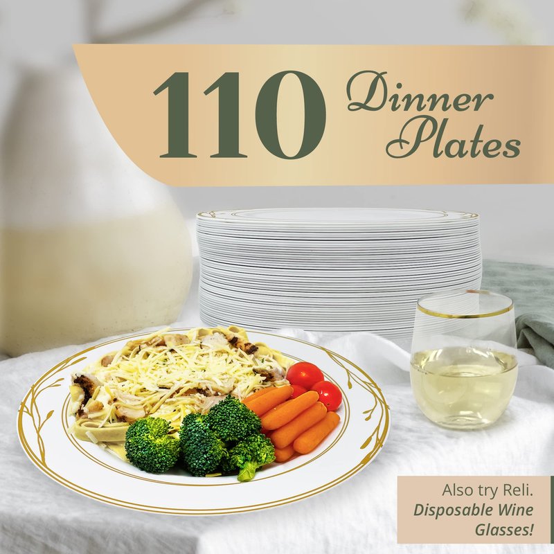 Reli. Disposable Plastic Plates, White & Gold Rim (110 Pcs, 10.25") | Hard Plastic Dinner Plate | Elegant, Heavy Duty Disposable Round Platters for Party, Wedding, Event, Christmas (Gold Trim)