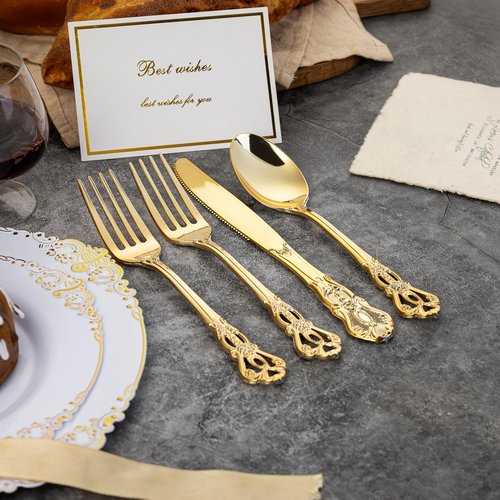 Joyido 90 Pieces Gold Plastic Silverware - Heavy Duty Gold Disposable Utensils - Fancy Plastic Cutlery Set Includes 30 Forks, 30 Spoons, 30 Knives for Dinner Parties Weddings