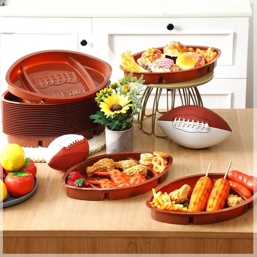 Wiwiqing 48 Pcs Football Serving Trays, Large 13.4 x 8.5 Inch Plastic Football Snack Thick Trays, Includes 2 Dip Sections, Tailgate Party Serveware Decorations