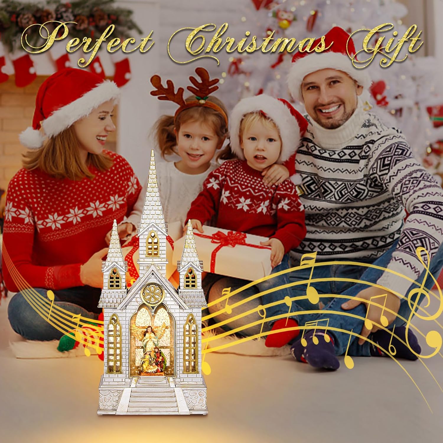 Skiennix Church Snow Globe | Lighted Christmas Lantern with Angel Nativity Scene & Music