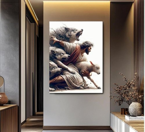 MALEDO Jesus and Lamb Canvas Wall Art - Christian Picture Decor for Living Room & Bedroom
