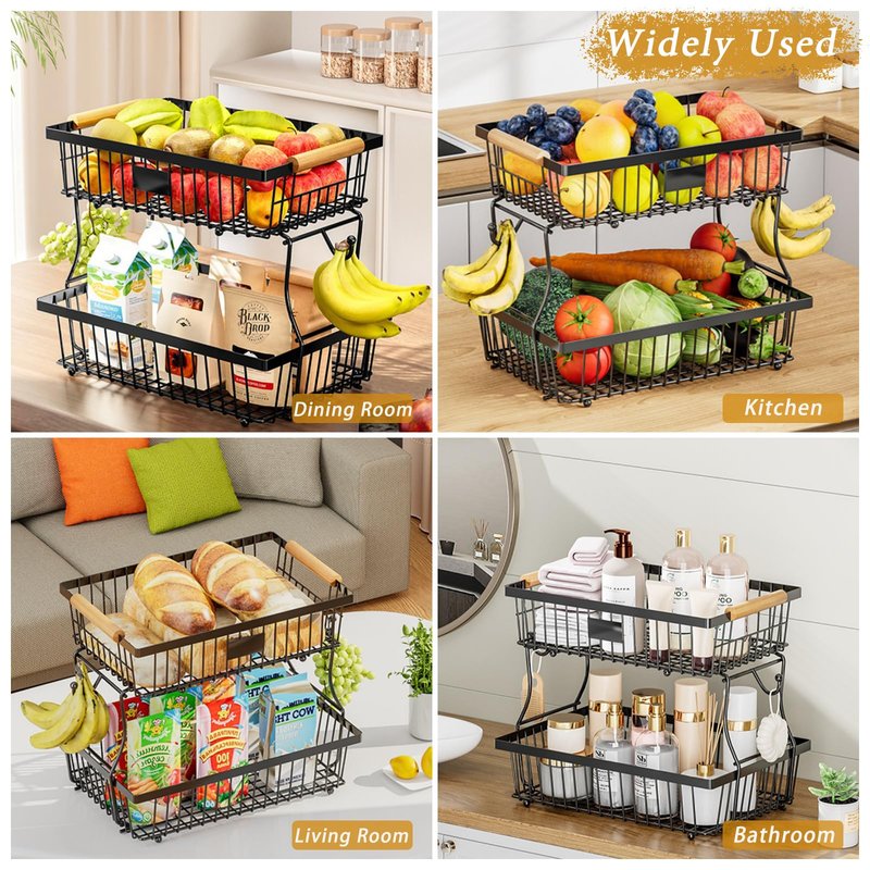 FRUVAN 2 Tier Fruit Basket with 2 Banana Hangers, Fruit Bowl for kitchen counter with Wooden Handle, Detachable Large Capacity Fruit Holder Stand for Vegetable Bread Snack Produce Storage