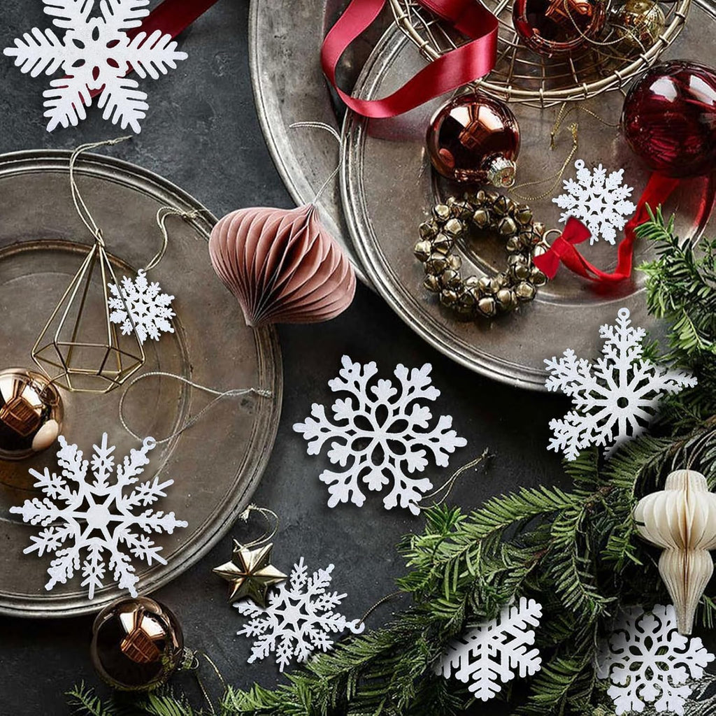 NEWMIAO Snowflake Ornaments - 36pcs Glitter Plastic Decorations for Christmas Tree | 5 Unique Patterns