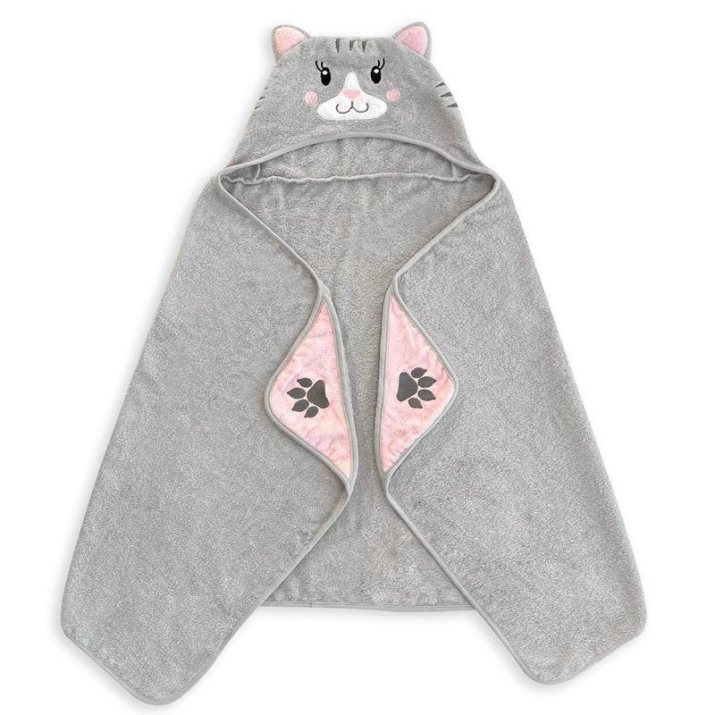 Style Quarters 100% Cotton Kids Hooded Bath Towel with Embroidery - Large 50"x24" Soft Terry Toddler Beach Towel, Cartoon Cat Hooded Towel for Boys & Girls (Grey Cat)