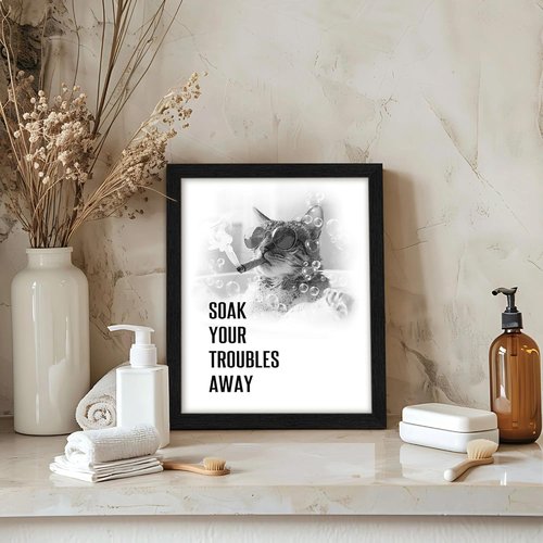 arteWOODS Funny Cat Bathroom Wall Art - Rustic Black Framed Print with Humorous Quotes | 8x10 Inch Decor
