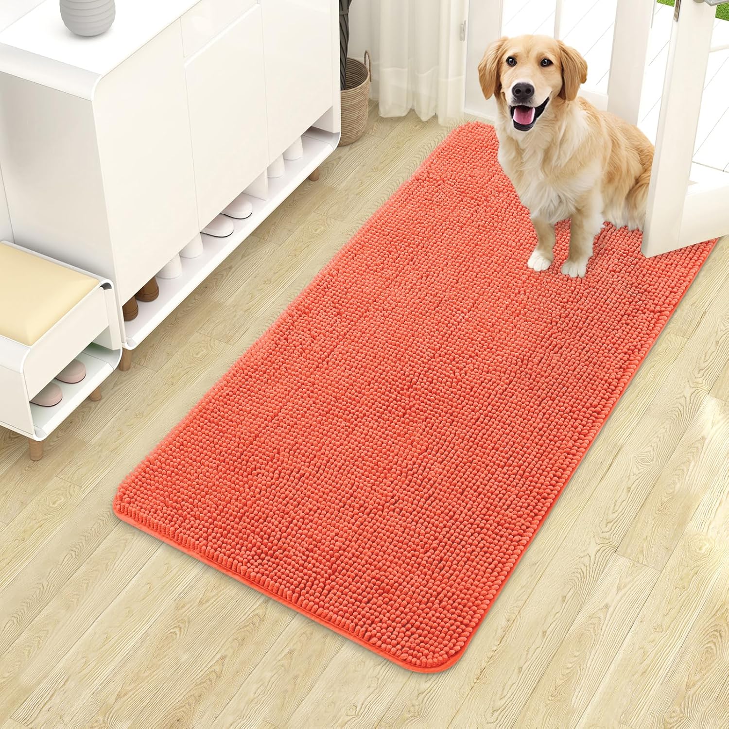 OLANLY Dog Door Mat - Absorbent Non-Slip Chenille Mat for Muddy Paws | 40x24 Coral Indoor Doormat