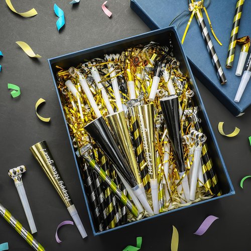 Lenwen 200 Pcs New Years Eve Noisemakers Favor 2026 Happy New Year Gold Silver Blower Horns Whistles Party for Birthday Celebration Sporting Events (Black,Silver,Gold)