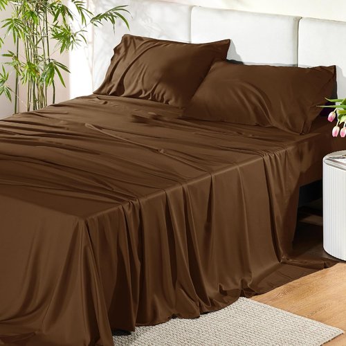 Bedsure Cooling Bed Sheets - Breathable Rayon from Bamboo | Soft & Luxurious Full Size, Deep Pocket Up to 16 Inches, Brown