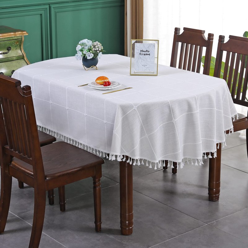 Farmhouse Checkered Embroidery Lattice Oval Tablecloth with Tassel Heavy Duty Rustic Fabric Table Cover Wrinkle Resistant Washable Kitchen Dining Party Wedding Decoration 60 x 84 Inch