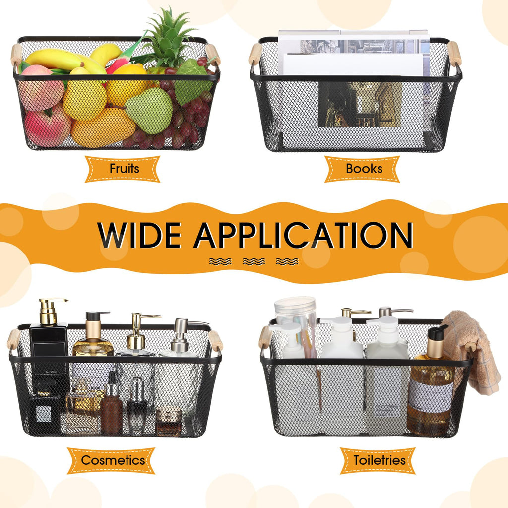 Ziliny 4 Pcs Metal Wire Basket with Wooden Handles Mesh Steel Storage Organizer Bin Containers for Home Organizing Cabinet Pantry Closet Kitchen Fridge Fruit Makeup Snacks Gifts(Large,Black)