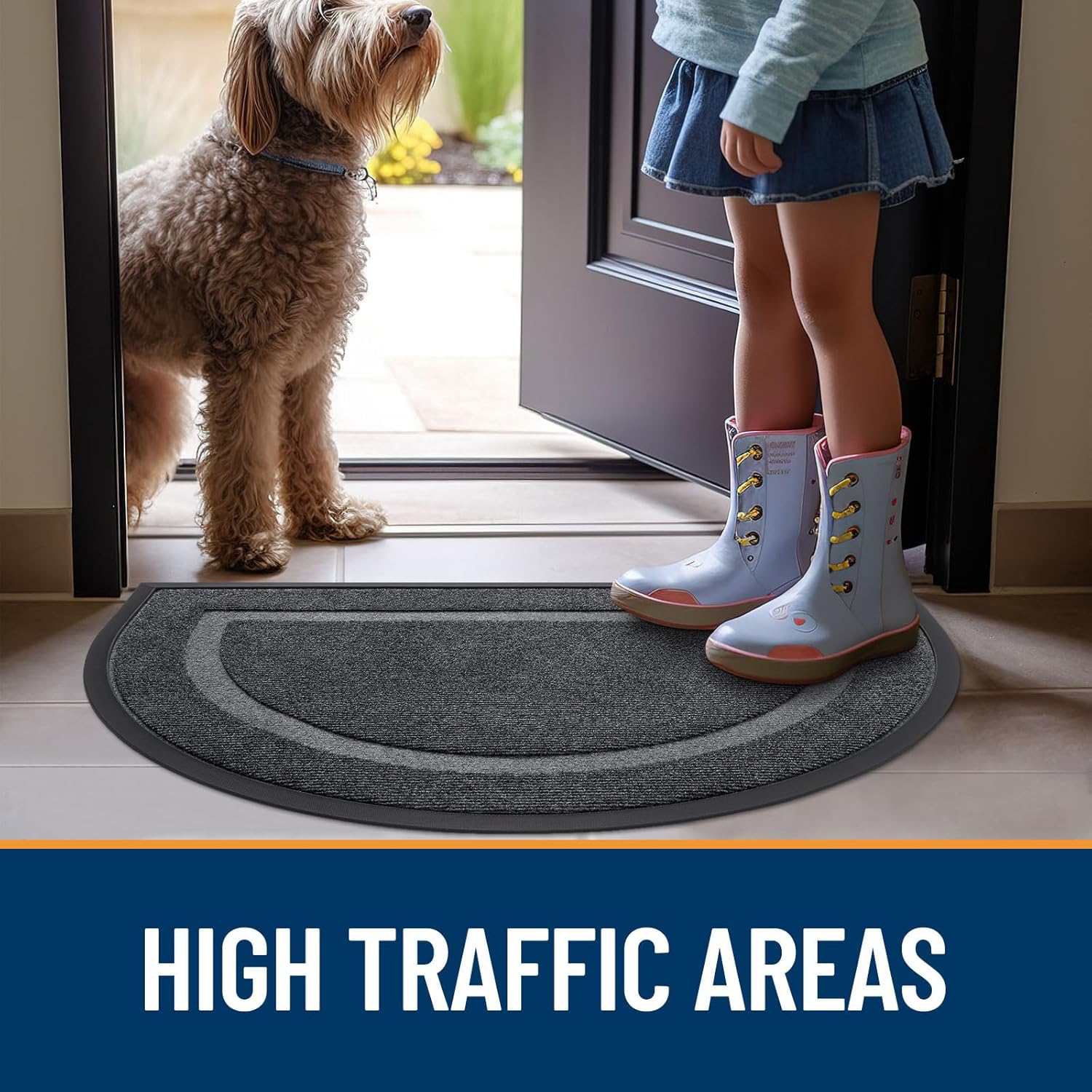 OLANLY Half Circle Door Mat - Waterproof All-Season Indoor/Outdoor Welcome Mat, 29.5x17, Grey