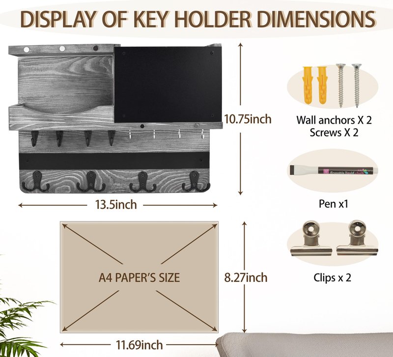 HEKOOLA Key Holder for Wall Mount with Shelf and Mail Organizer, Key and Mail Holder with 16 Hooks, Farmhouse Entryway Organizer, Home Decor Rack(Pine Wood,Washed Gray)
