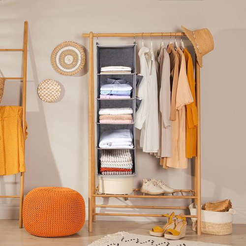BOOMIBOO Hanging Closet Organizer - 5-Tier Shelves with 2 Side Pockets | Foldable Storage (Beige, 2 Pack)