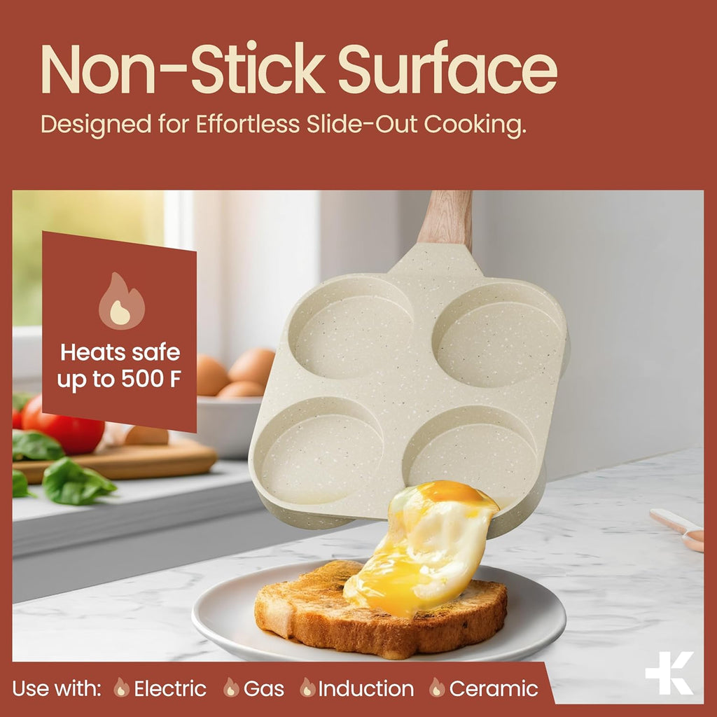 Skiennix 4-Cup Nonstick Frying Egg Pan - White Marble Design, PFOS & PFOA Free, Heat-Resistant Handle, 500°F Safe