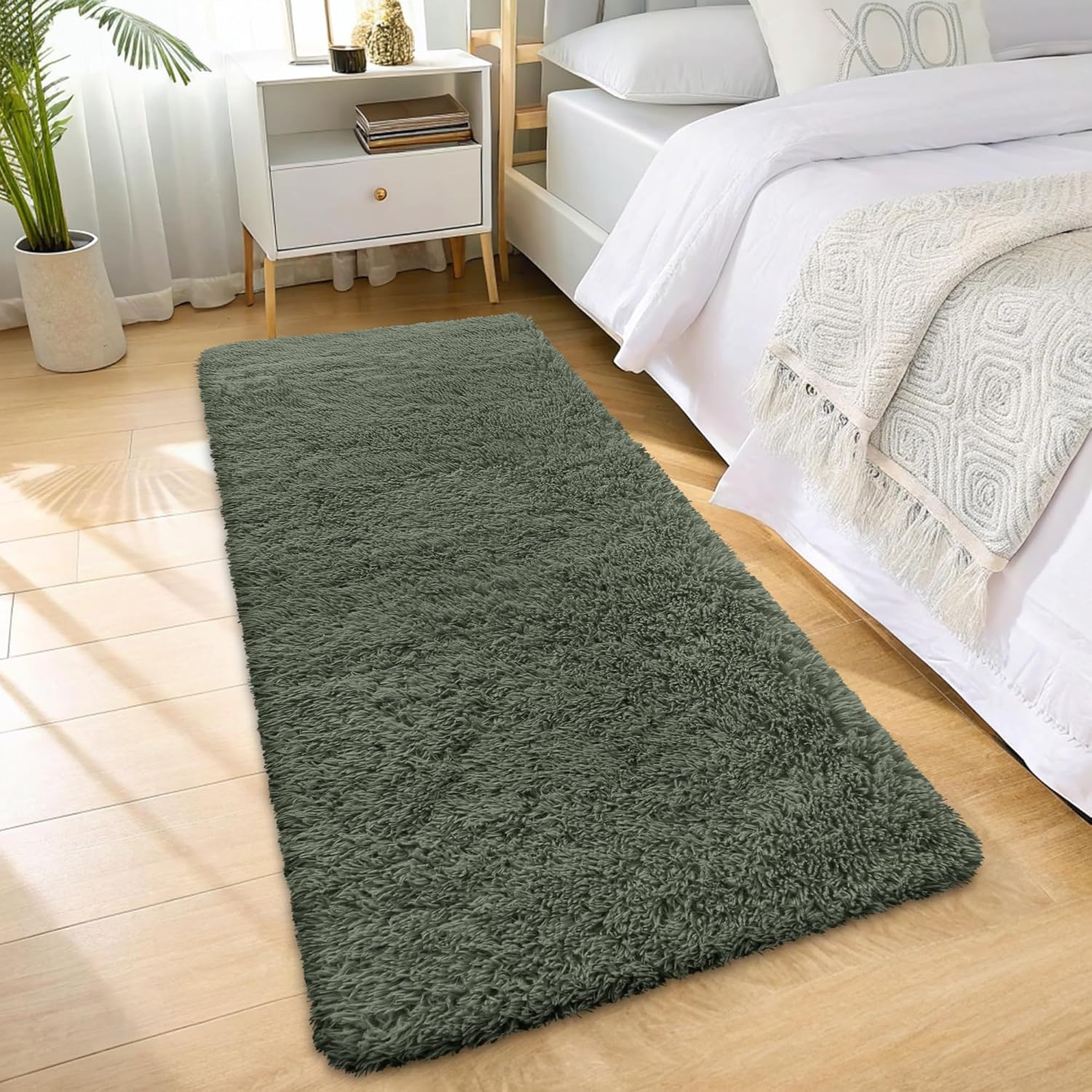OLANLY Machine Washable 2x6 Runner Rug - Soft Fluffy Shaggy Design for Hallway & Bedroom | Olive Green