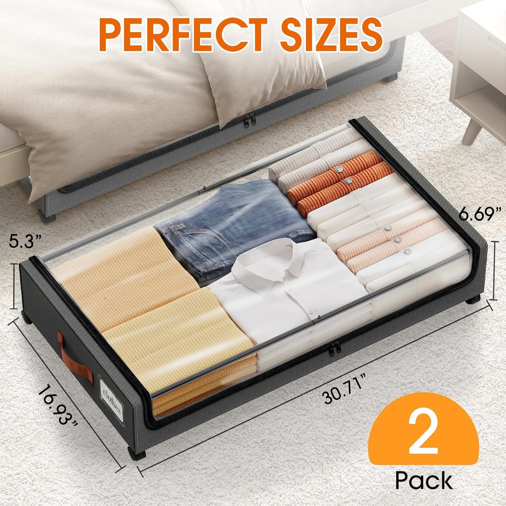 SpaceHacks Under Bed Storage Containers - 2-Pack Rolling Drawers with Clear Window & Labels | Dark Grey (30.71 x 16.93 x 6.69 in)