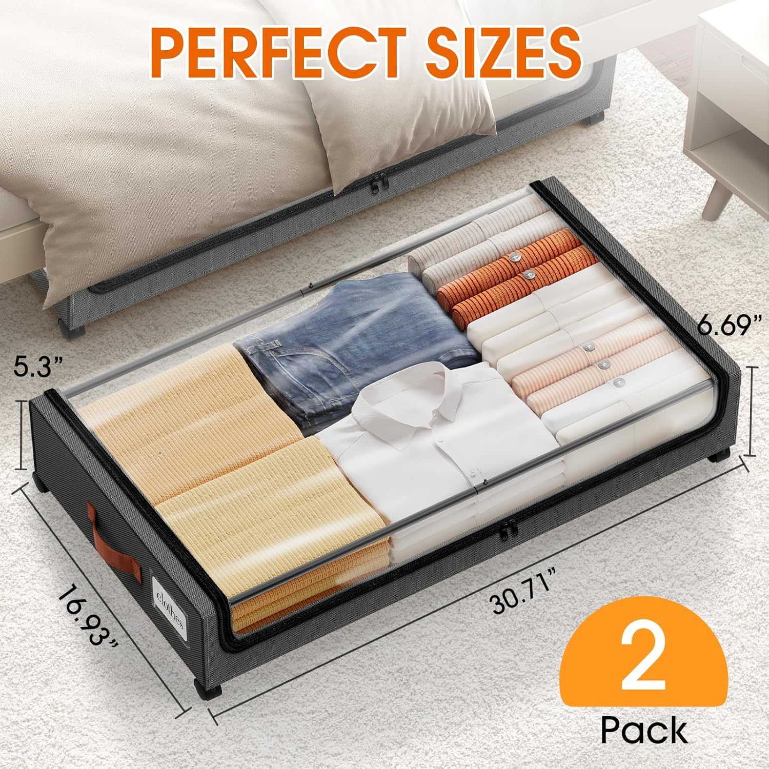 SpaceHacks Under Bed Storage Containers - 2-Pack Rolling Drawers with Clear Window & Labels | Dark Grey (30.71 x 16.93 x 6.69 in)