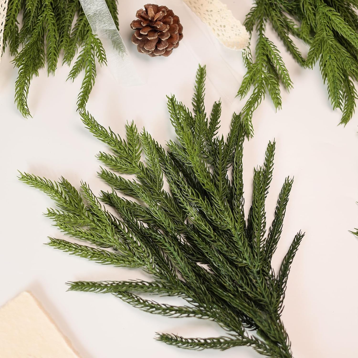Norfolk Pine Branches - 20 Pcs Real Touch Artificial Greenery for DIY Crafts | 18" Faux Pine Picks