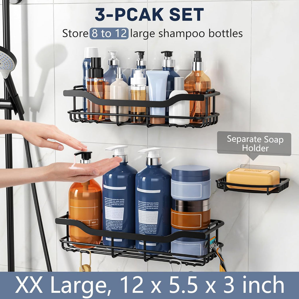 OMAIRA Shower Caddy - 3-Pack Adhesive Rustproof Organizer for Smooth Walls & Glass Tiles - Black (X-Large)