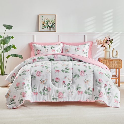 Flower Comforter Set with Sheet Set White Botanical Bed in a Bag Queen Size Light Pink Orange Floral Green Leaves Super Cute Soft Microfiber 7 Pieces Bedding Set with Pillowcases for Girls Women