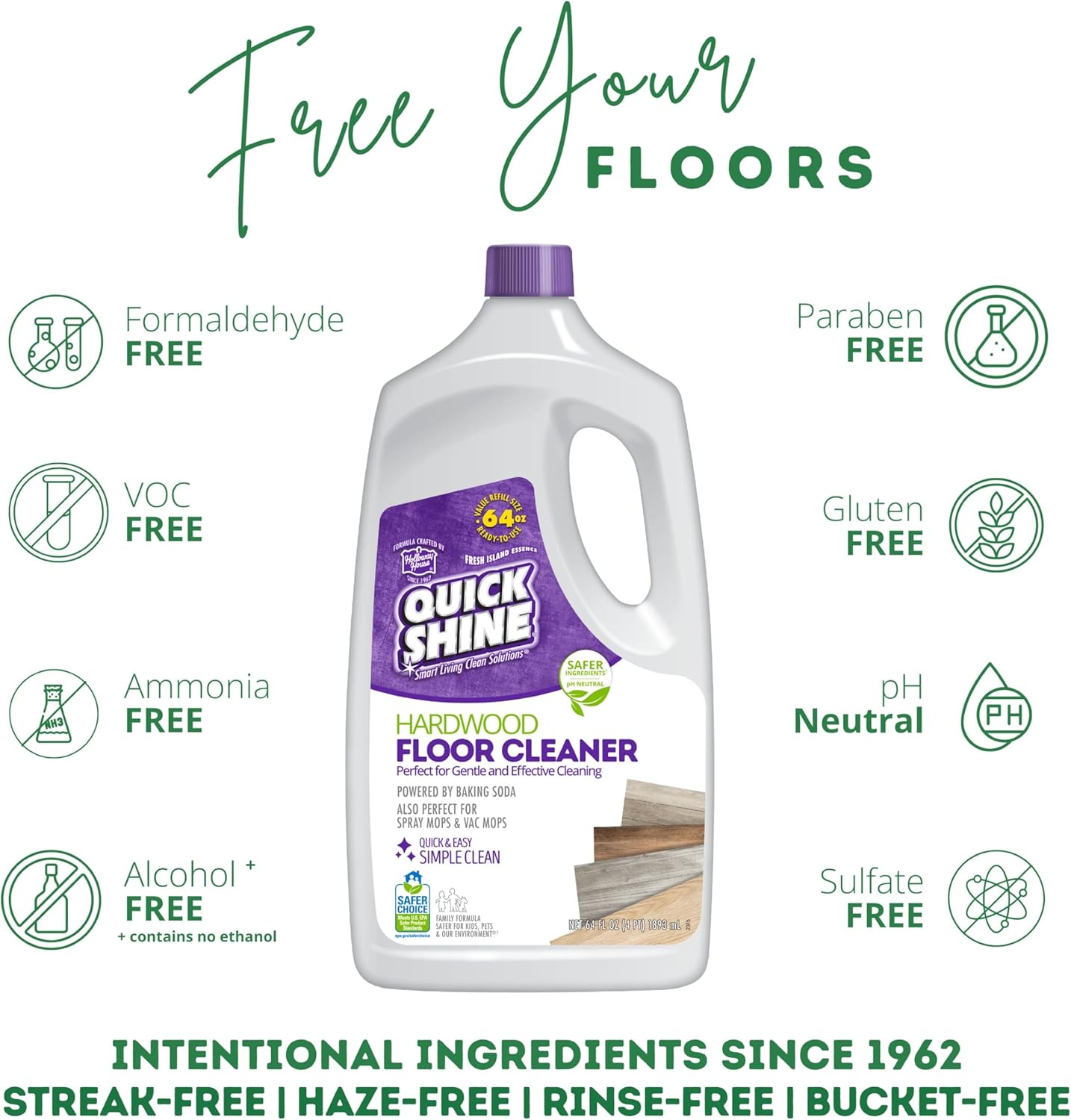 Quick Shine Hardwood Floor Cleaner 64oz - Streak-Free, No Rinse Formula | Ideal for Spray & Vac Mops