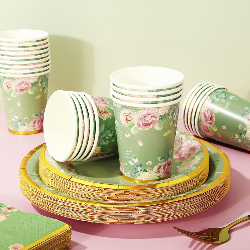 Whaline 120 Pcs Sage Green Flower Tea Party Decorations for 24 Guests 24 9" Dinner Plates 24 7" Dessert Plate 24 9oz Cups 48 Luncheon Napkins for Spring Bridal Shower Wedding Party Supplies