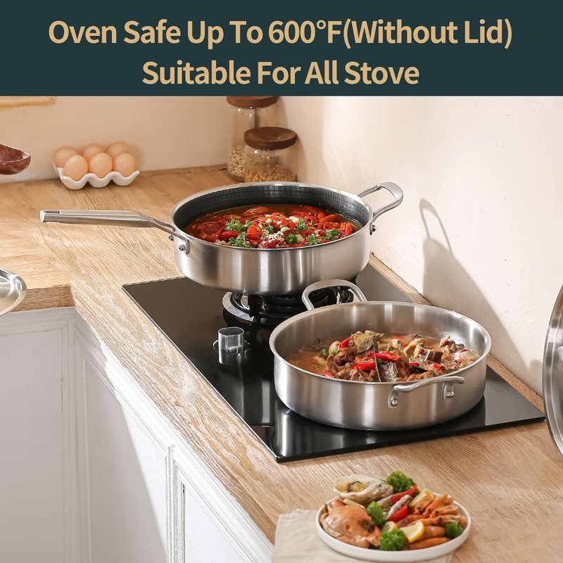 Yeksum Deep Frying Pan with Lid, 6 Quart Tri-Ply Hybrid Nonstick Stainless Steel Saute Pan, Compatible with All Cooktops Up to 600℉,12inch Saute Pan with Lid, Fast even Heat cookware, Rondeau Pot