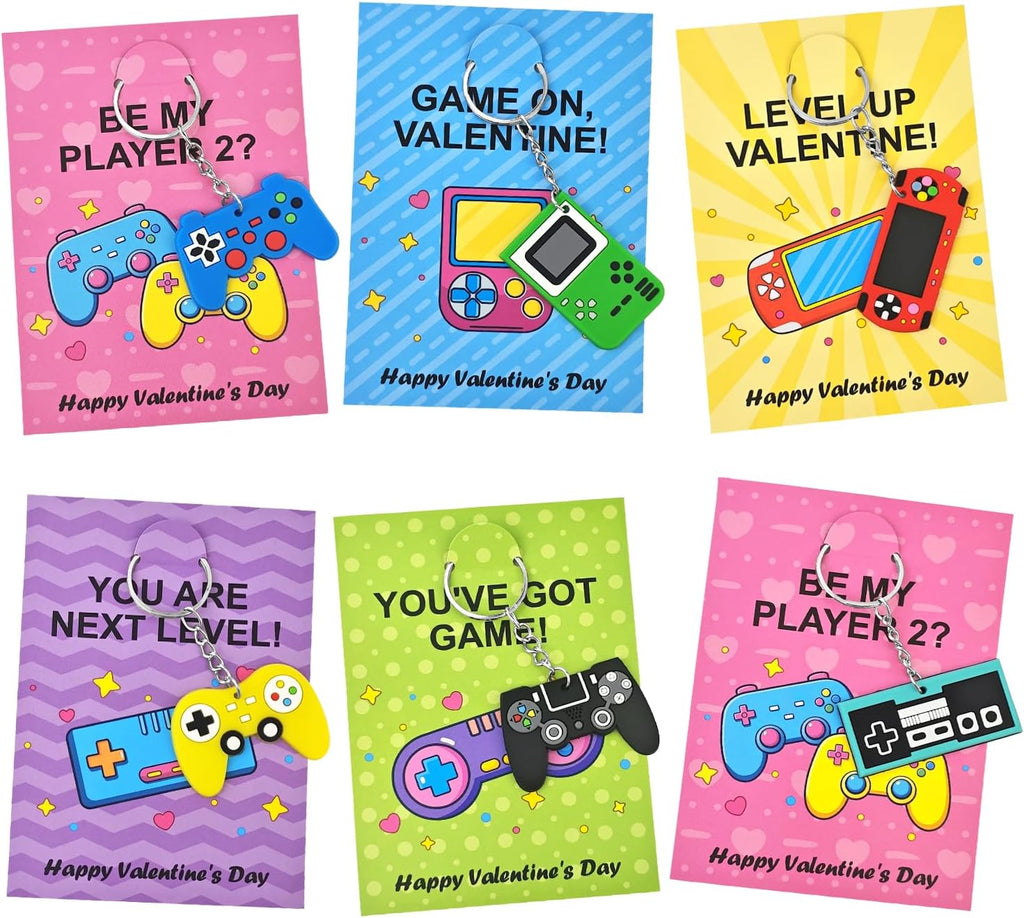 Skiennix Valentine's Non-Candy Gifts - 48 Pack Video Game Keychains & Exchange Cards for Kids