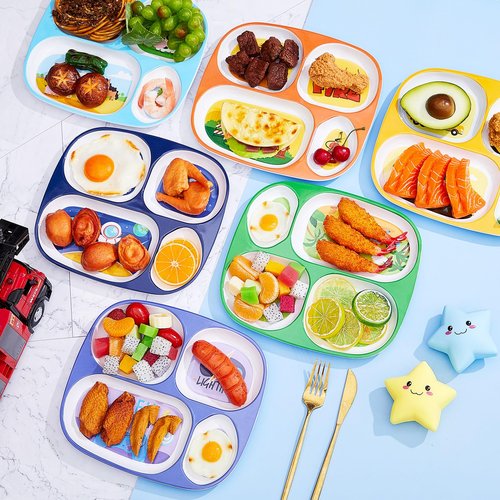 Hushee 6 Pcs 9.4 x 8.2 Inch Dinner Plate for Kids Girls Boys Cute Toddler Divided Plates Plastic Funny Serving Dishes for Construction Dinosaur Firefighter Farm Game Console Astronaut Animal