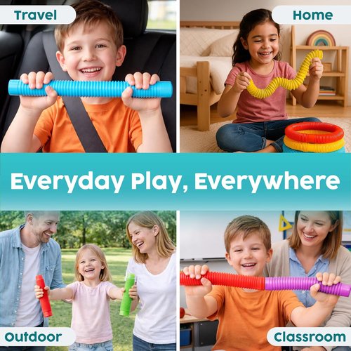 BUNMO Pop Tubes - Sensory Fidget Toys for Creative Play - Non-Mouthable & Safe for Kids - 4 Pack Large
