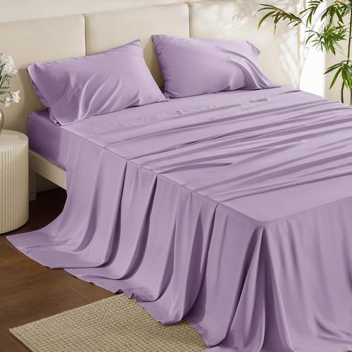 Bedsure Cooling California King Sheet Set - Breathable Rayon from Bamboo, Soft & Silky, Deep Pocket Lilac