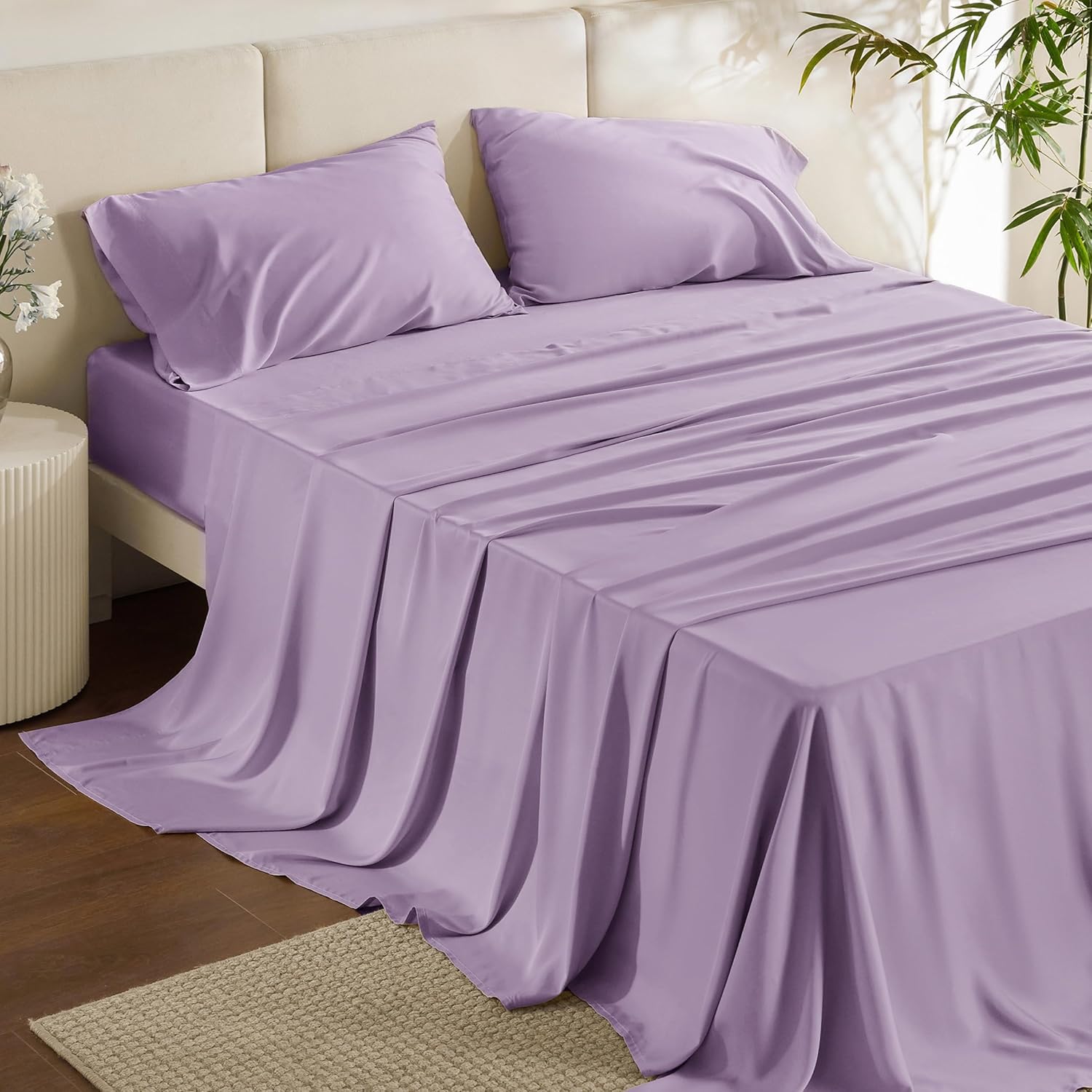 Bedsure King Size Cooling Sheets Set - Breathable & Soft Rayon from Bamboo | Deep Pocket Lilac