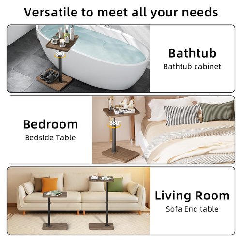 LAKEMID C Shaped End Table Adjustable Height Set of 2,360° Swivel Sofa Table Tray,Couch Tables That Slide Under,C Shaped Side Table for Sofa Living Room,Bedroom,Snack Table (Rustic Brown)