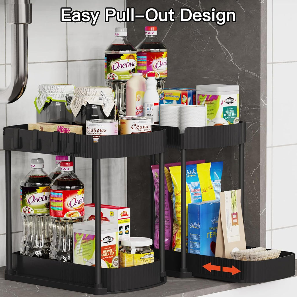 Ukeetap Multi-Purpose Pull-Out Storage Organizers - Under Sink & Cabinet Solutions, Black, 12.8 Inches, 2 Pack