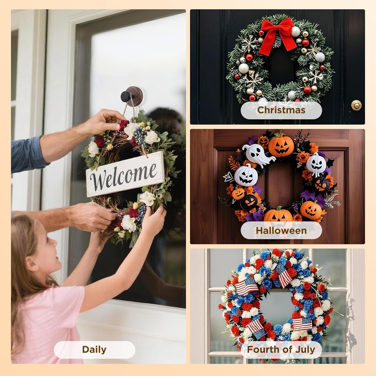 OUTXE Suction Cup Wreath Hanger - Heavy Duty Hook for Front Door & Windows | 2-Pack (Walnut)